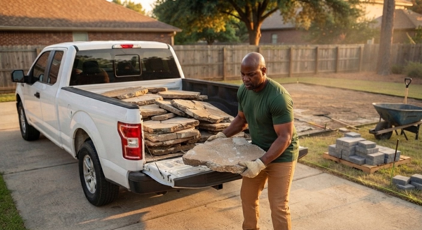 Crew loading old broken concrete into a work truck during patio removal