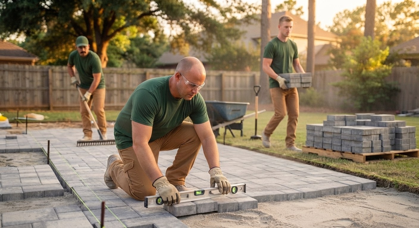 Allstar Hardscapes crew laying pavers and screeding the sand base together