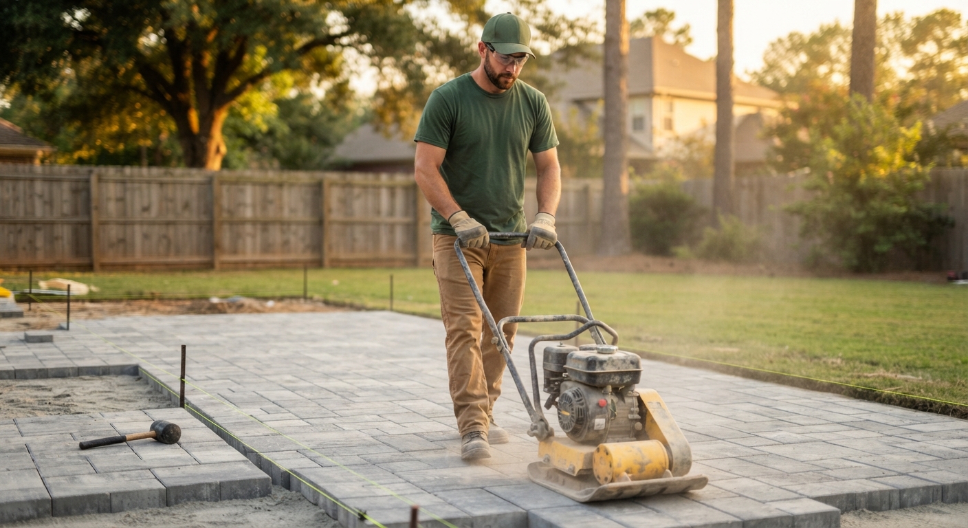 Hardscape crew member checking paver level during a patio installation in a Little Rock backyard